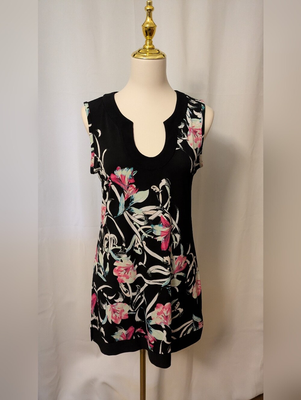 WHBM Black Floral Sleeveless Tunic with Pink & Teal Blooms